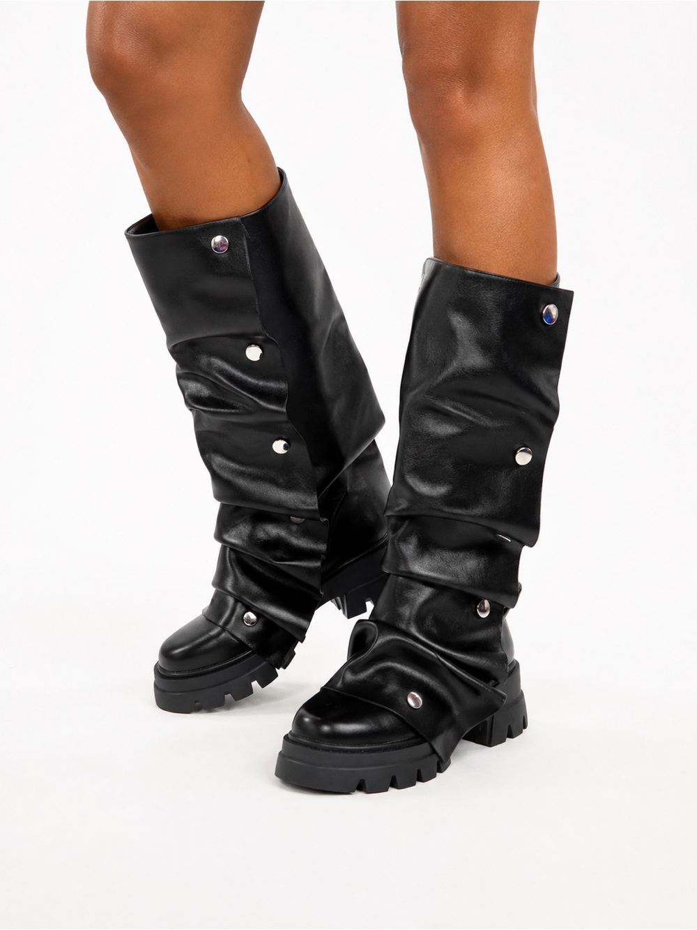 Azalea Wang Sybel Black Slouch Knee High Lug Sole Boots
